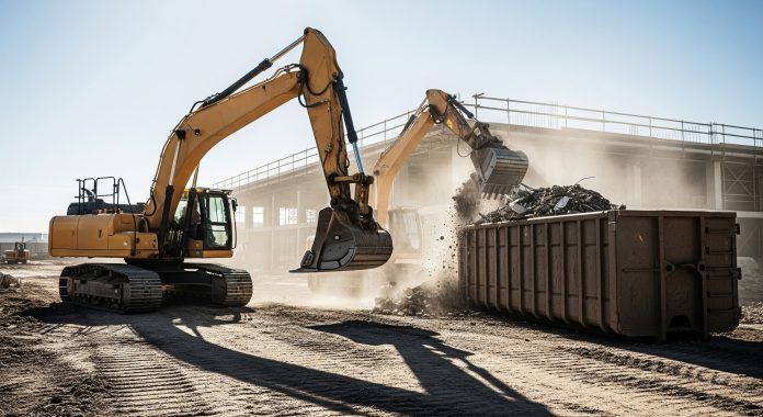 Heavy equipment cleaning a construction site from debris, waste in a large container EndLess